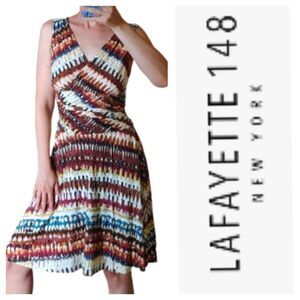 Lafayette 148 midi dress sleeveless feather stripe print V-neck Size Small